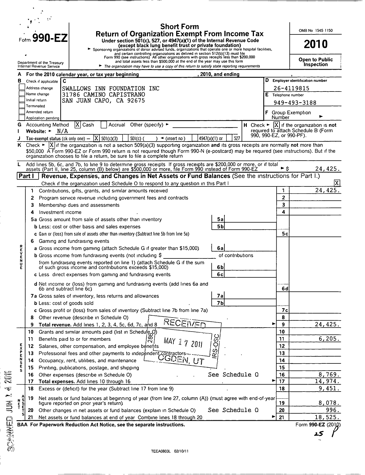 Image of first page of 2010 Form 990EZ for Swallows Inn Foundation