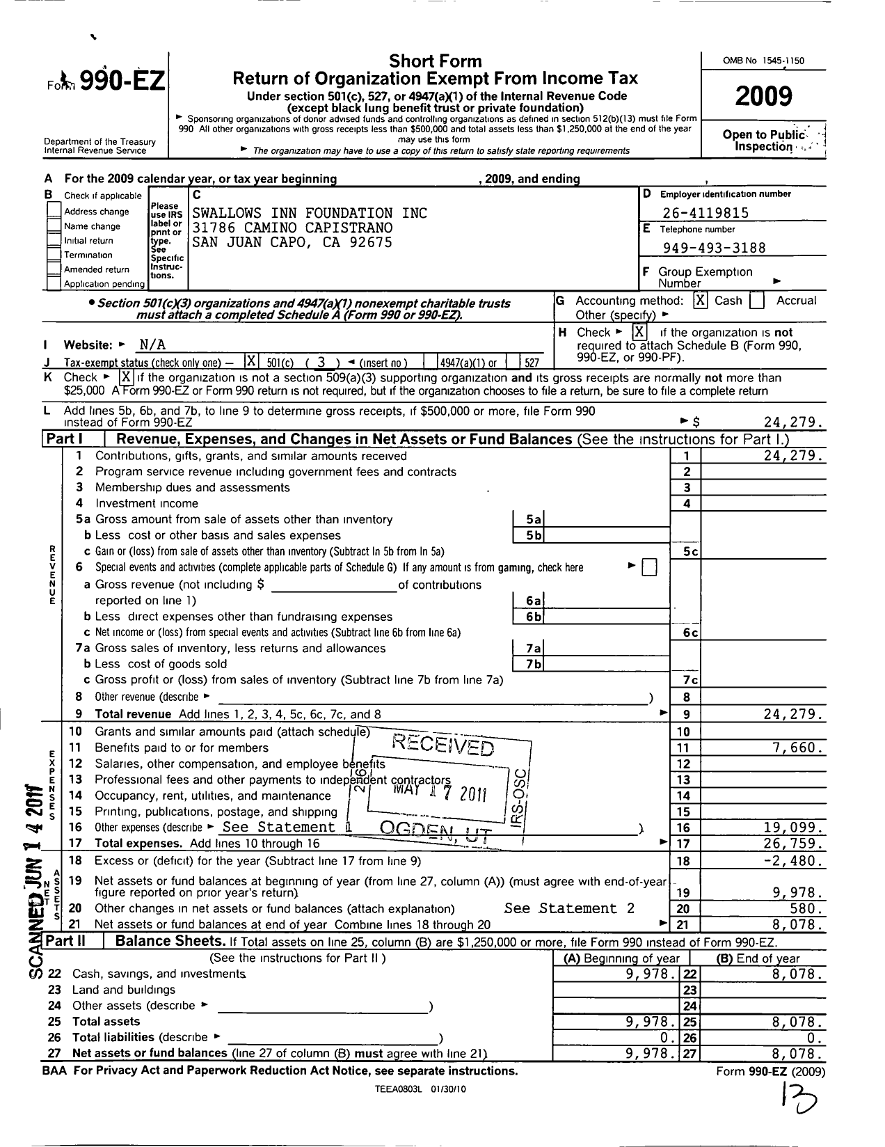 Image of first page of 2009 Form 990EZ for Swallows Inn Foundation