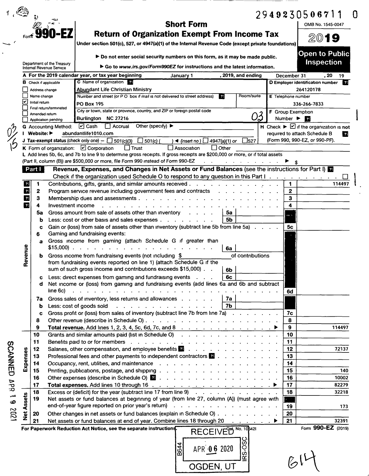 Image of first page of 2019 Form 990EZ for Abundant Life Christian Ministry