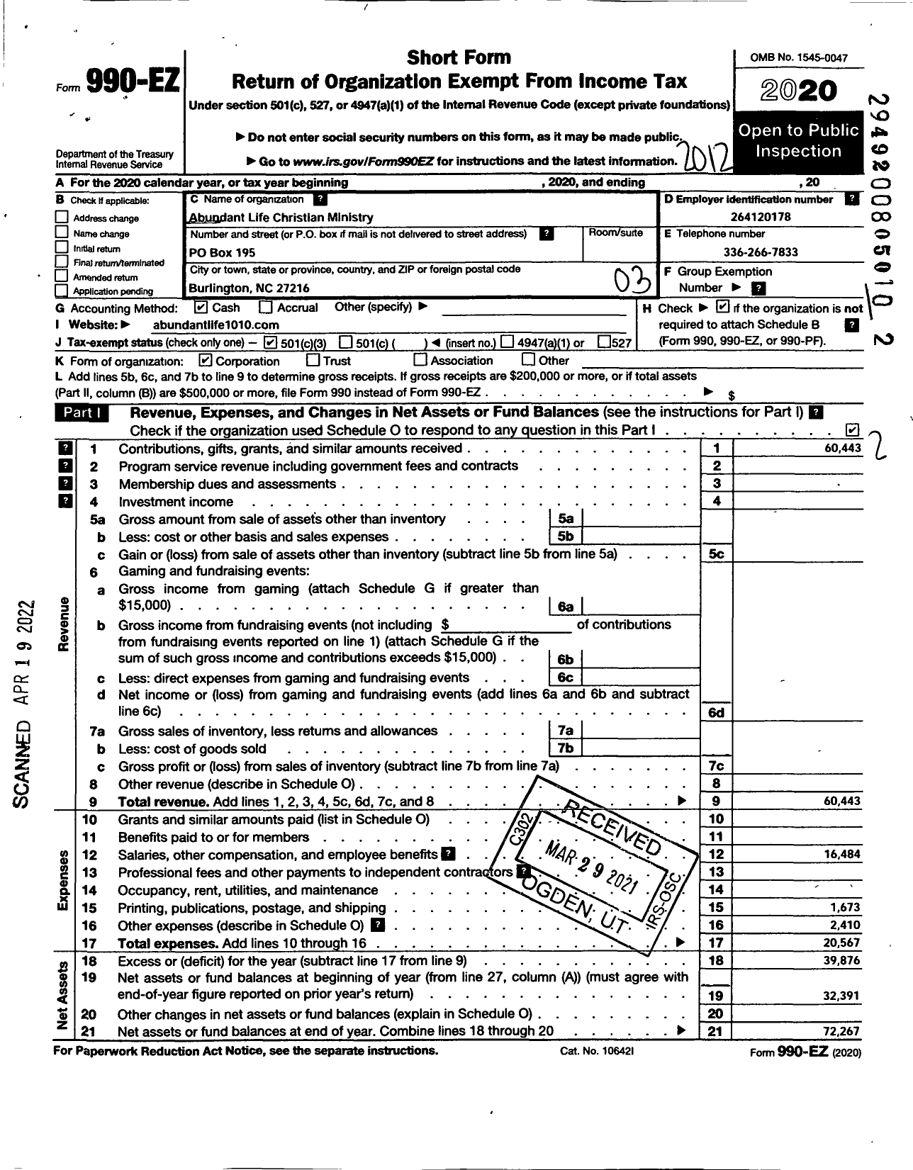 Image of first page of 2020 Form 990EZ for Abundant Life Christian Ministry