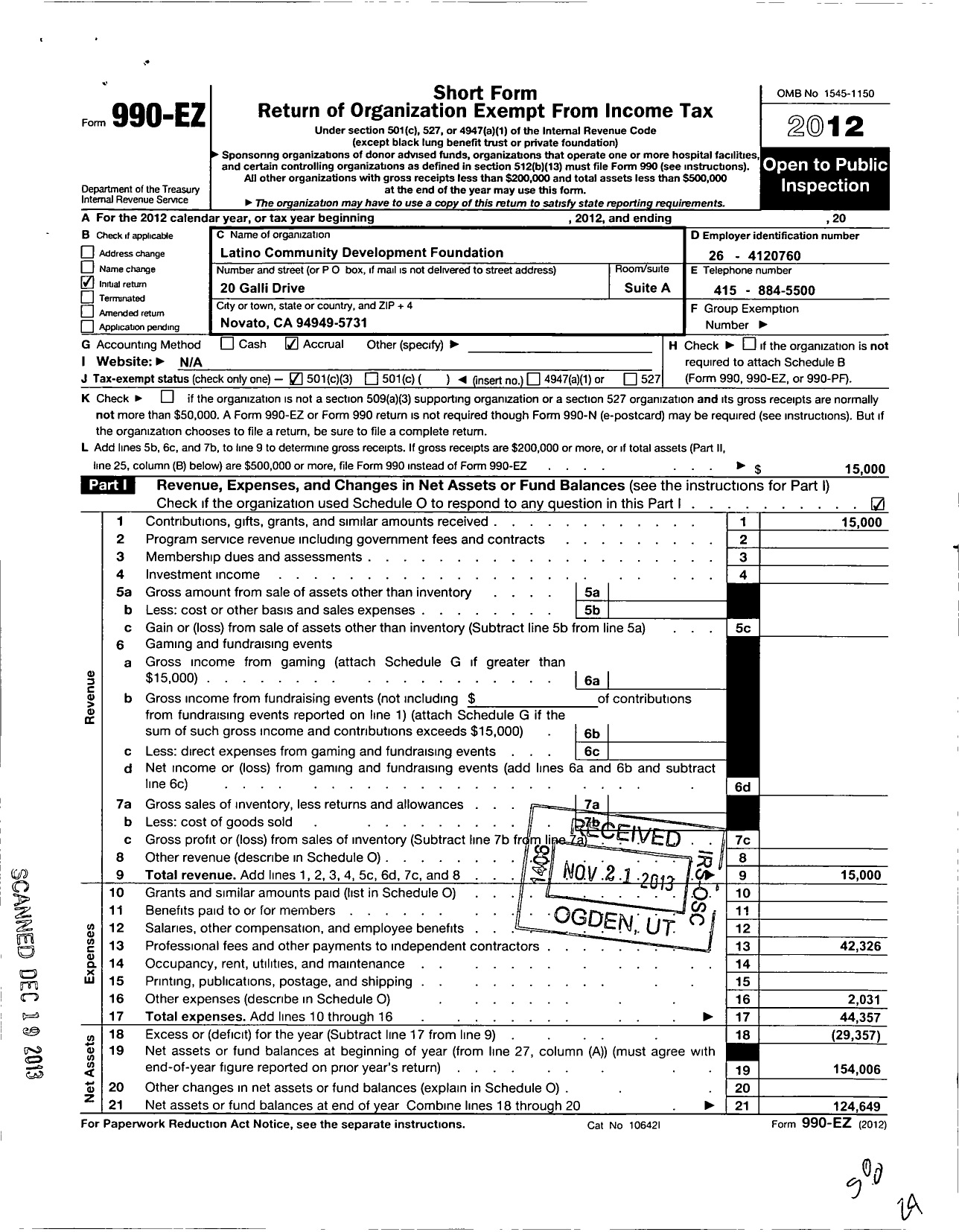 Image of first page of 2012 Form 990EZ for Latino Community Development Foundation