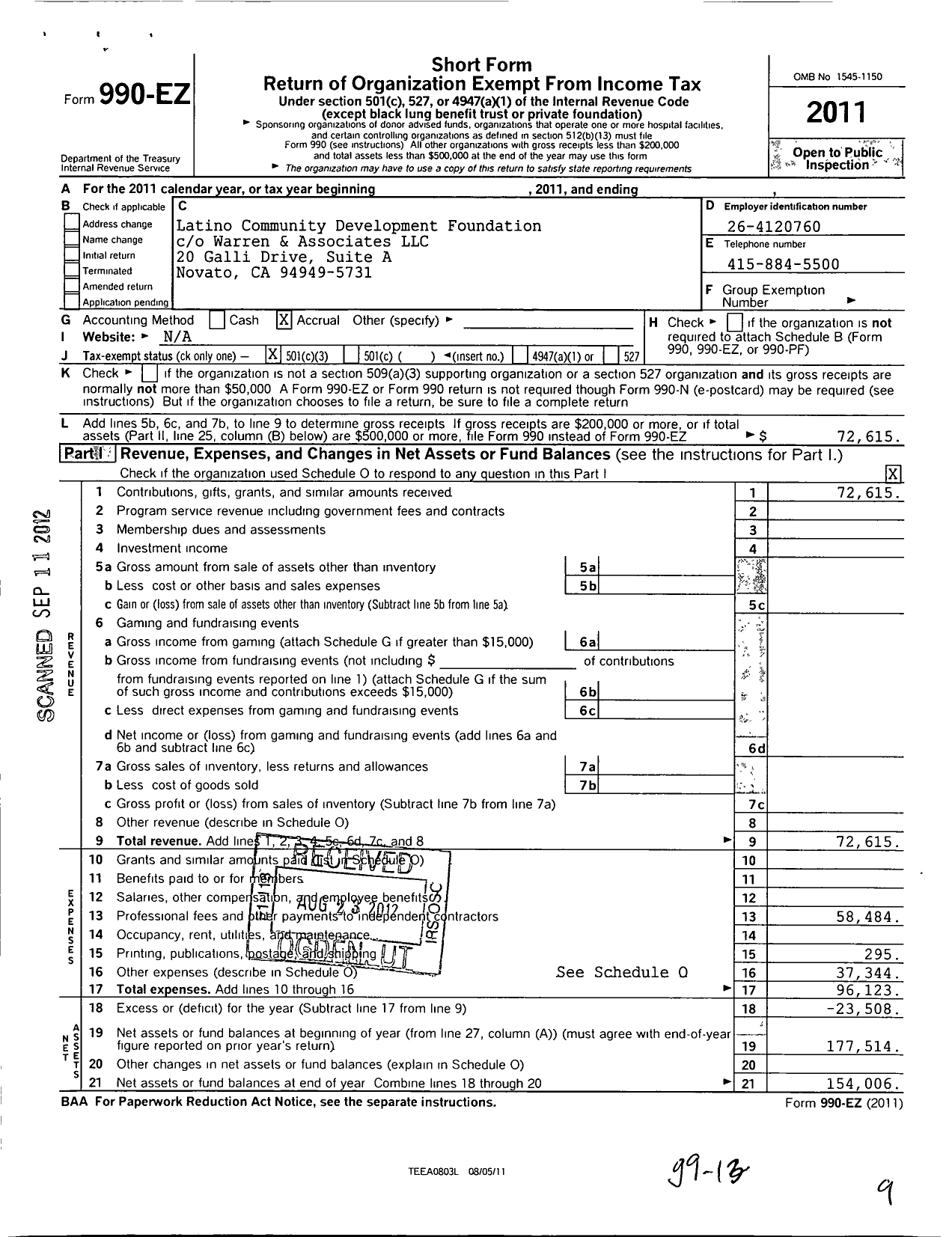 Image of first page of 2011 Form 990EZ for Latino Community Development Foundation