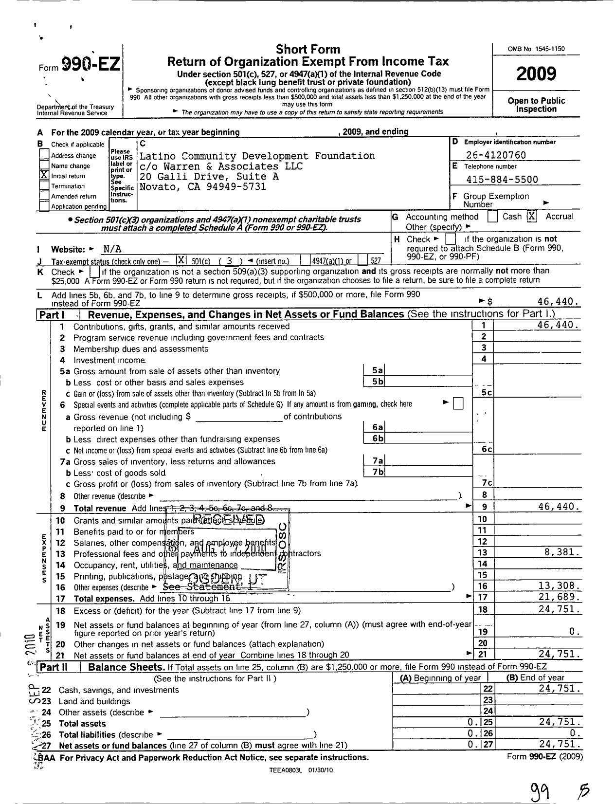 Image of first page of 2009 Form 990EZ for Latino Community Development Foundation