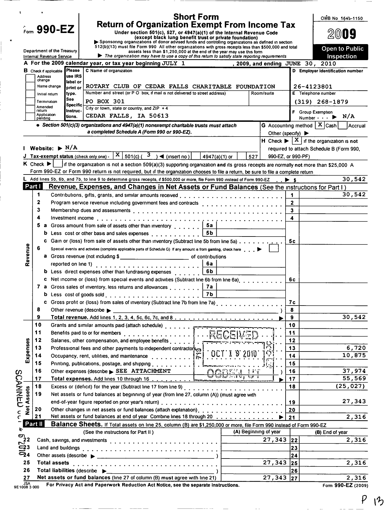 Image of first page of 2009 Form 990EZ for Rotary Club of Cedar Falls Charitable Foundation