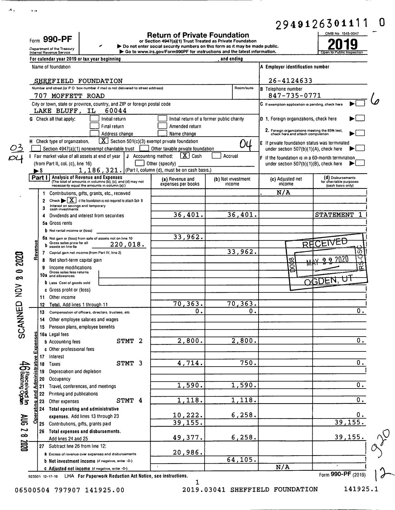 Image of first page of 2019 Form 990PF for Sheffield Foundation