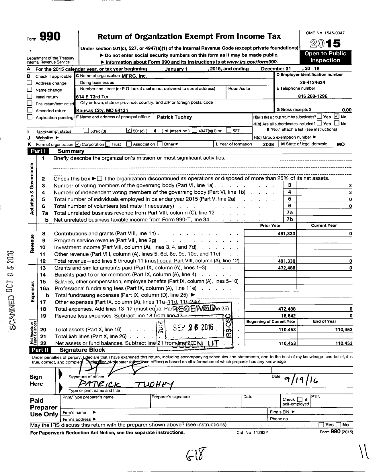 Image of first page of 2015 Form 990O for MFRG