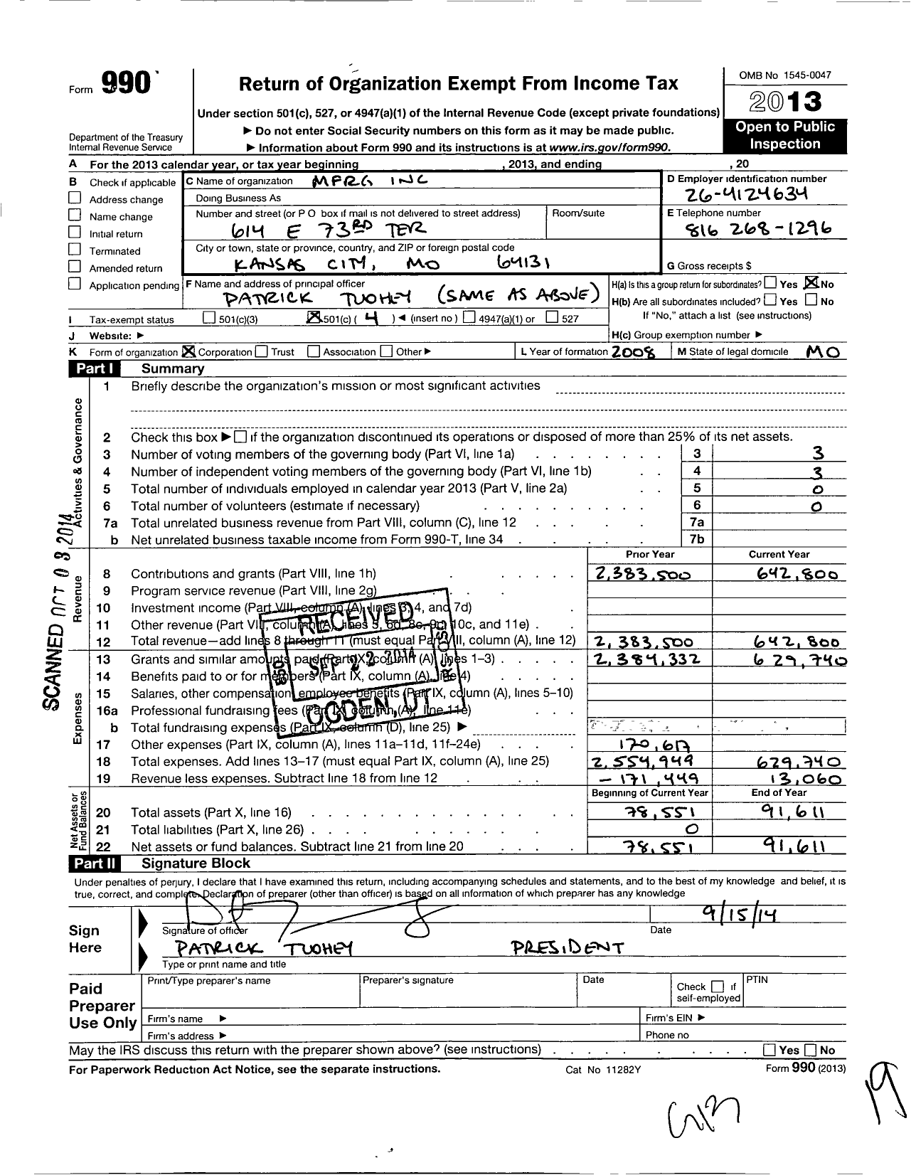 Image of first page of 2013 Form 990O for MFRG