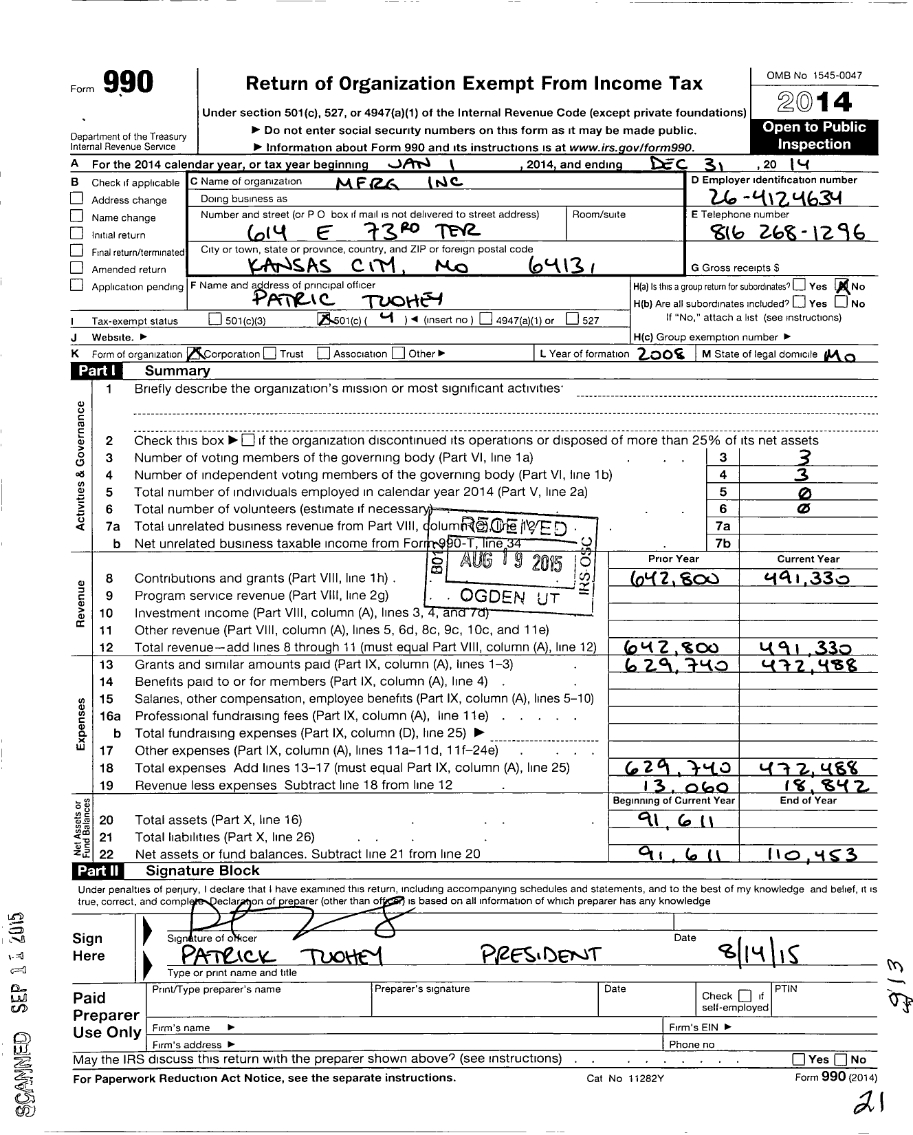 Image of first page of 2014 Form 990O for MFRG