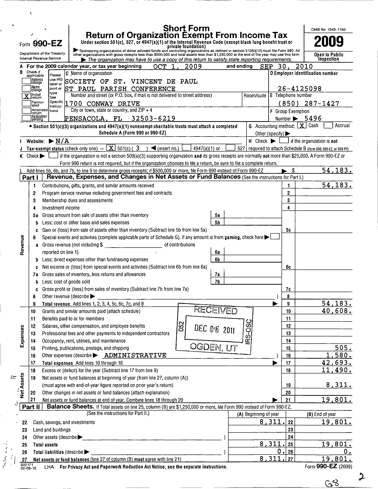 Image of first page of 2009 Form 990EZ for Society of St Vincent de Paul Council of Pensacola-Tallahassee