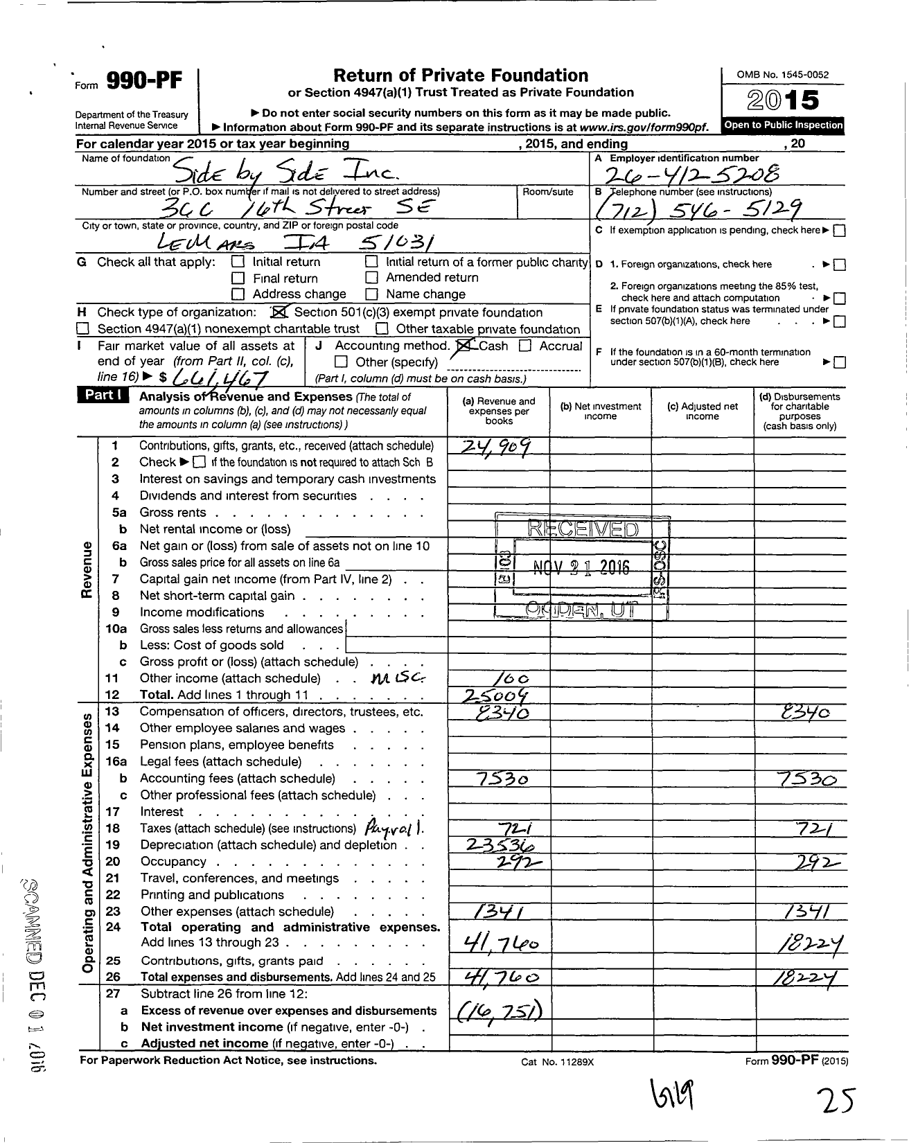 Image of first page of 2015 Form 990PF for Side By Side