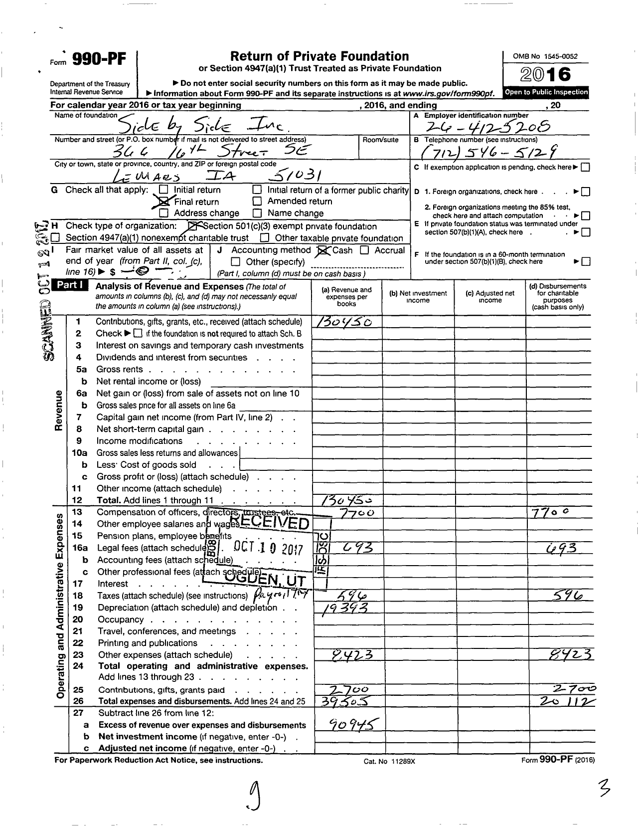 Image of first page of 2016 Form 990PF for Side By Side