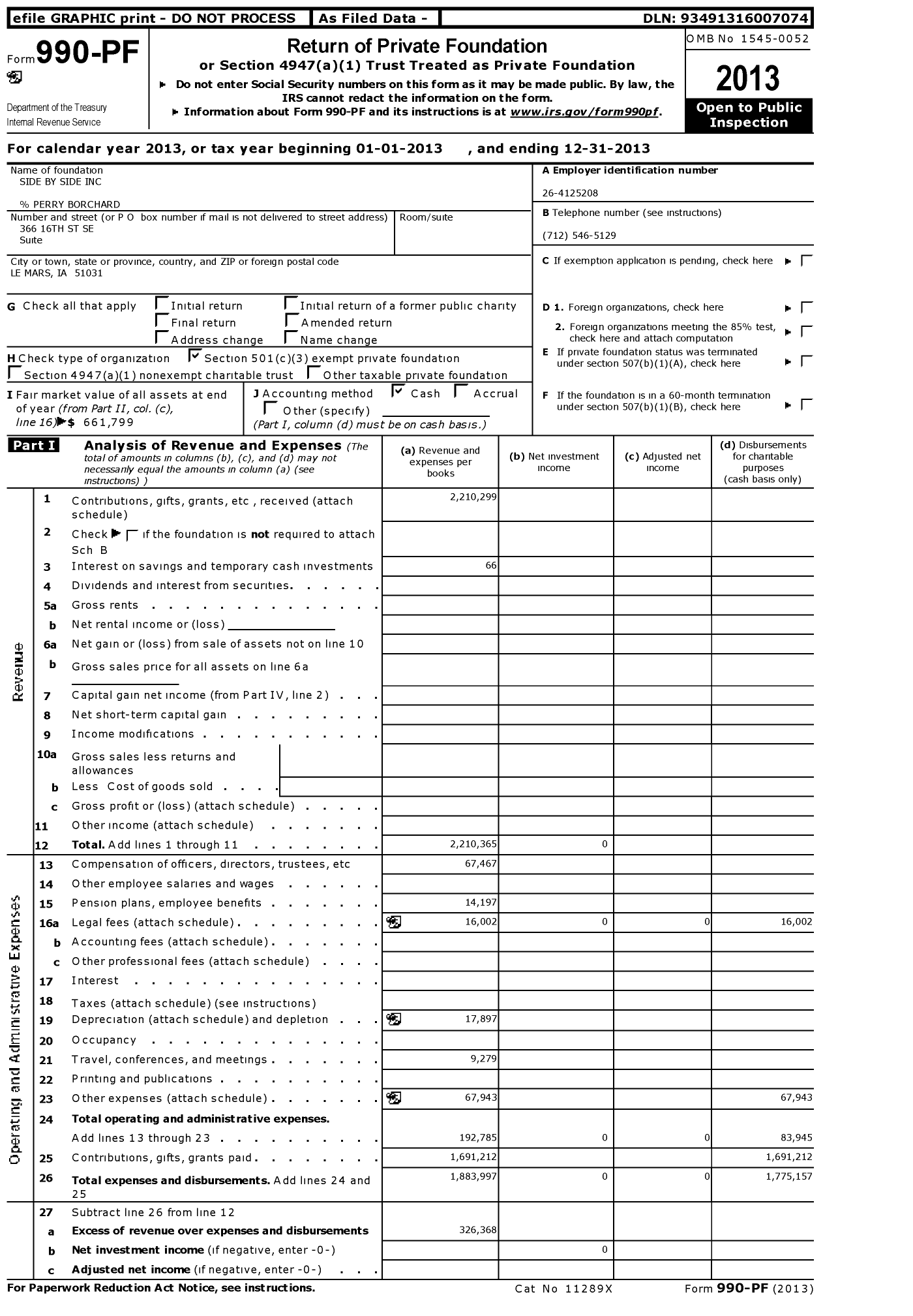 Image of first page of 2013 Form 990PF for Side By Side