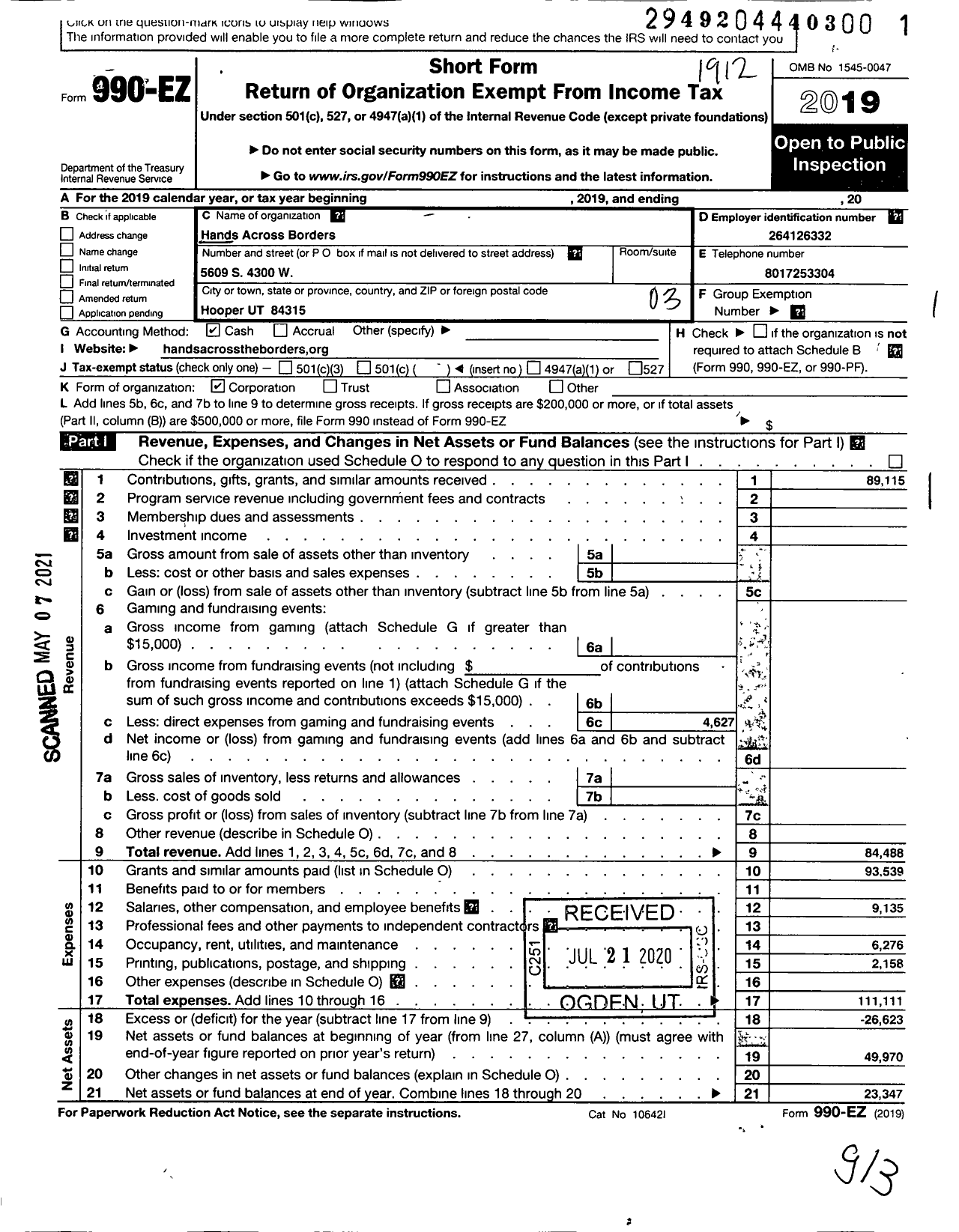 Image of first page of 2019 Form 990EZ for Hands Across Borders