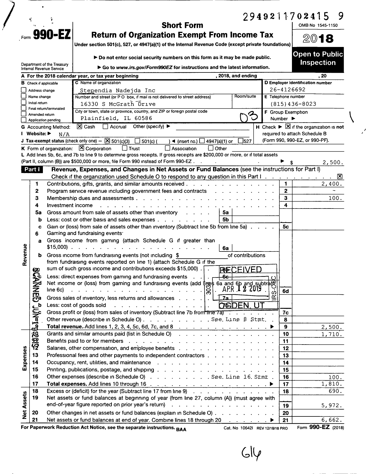 Image of first page of 2018 Form 990EZ for Stependia Nadejda