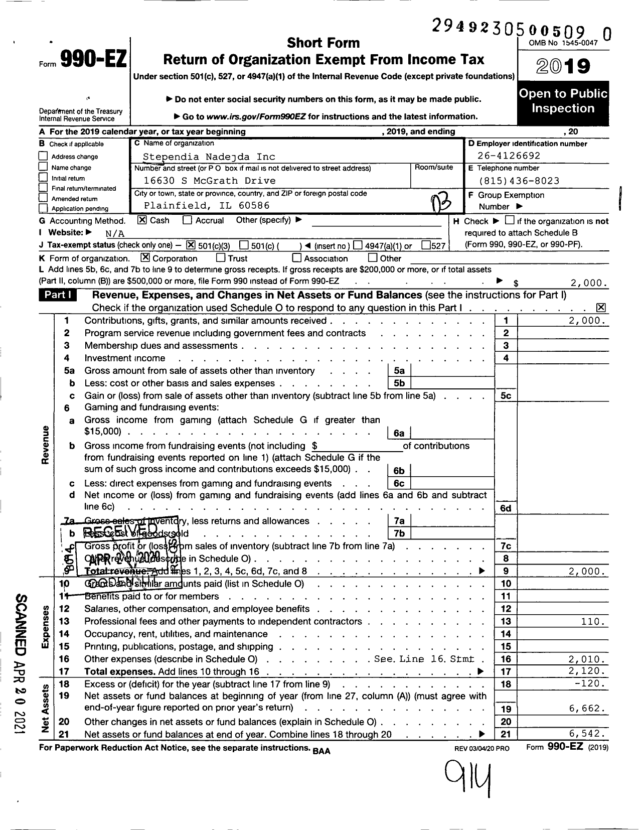 Image of first page of 2019 Form 990EZ for Stependia Nadejda