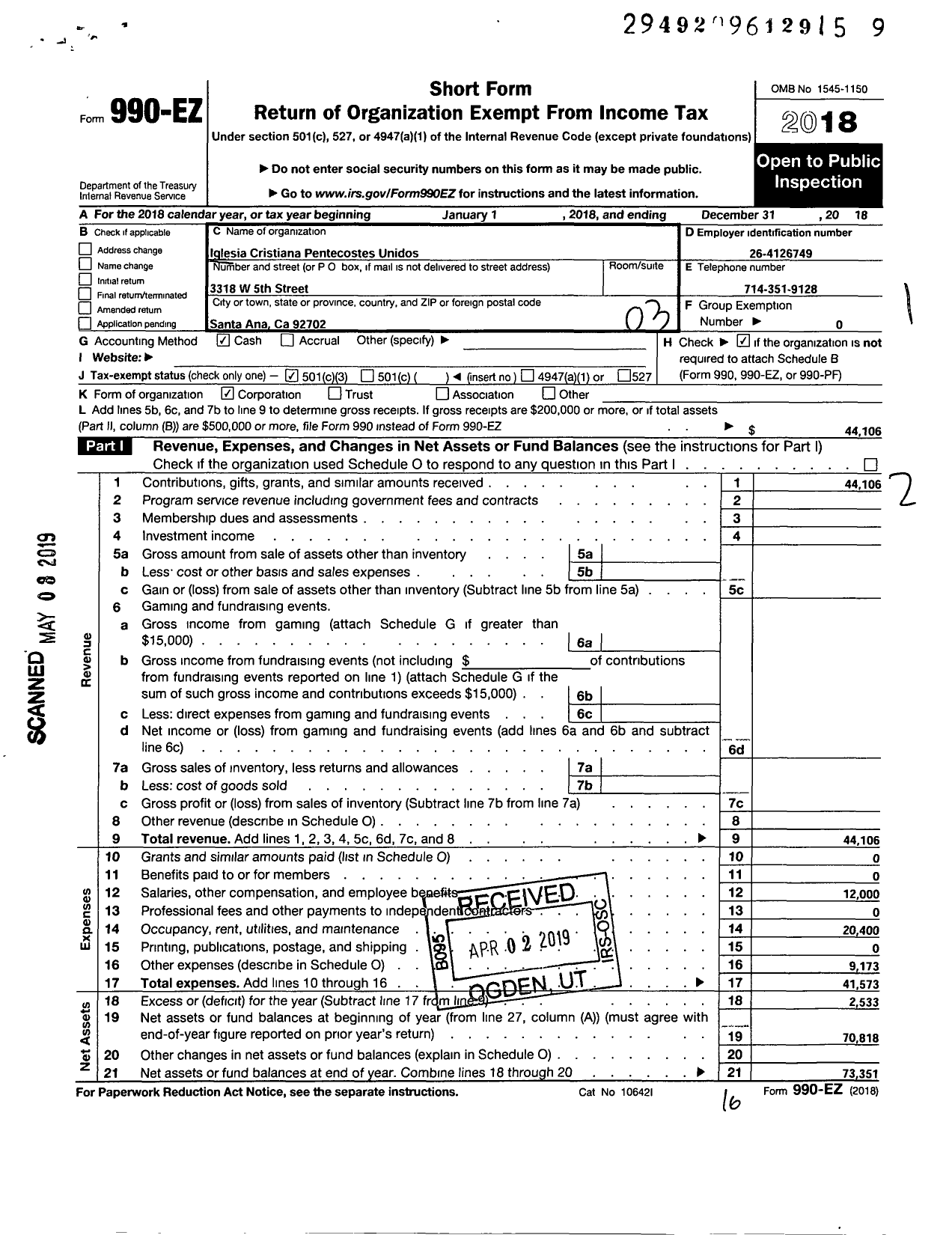 Image of first page of 2018 Form 990EZ for Iglesia Cristiana Pentecostes Unidos