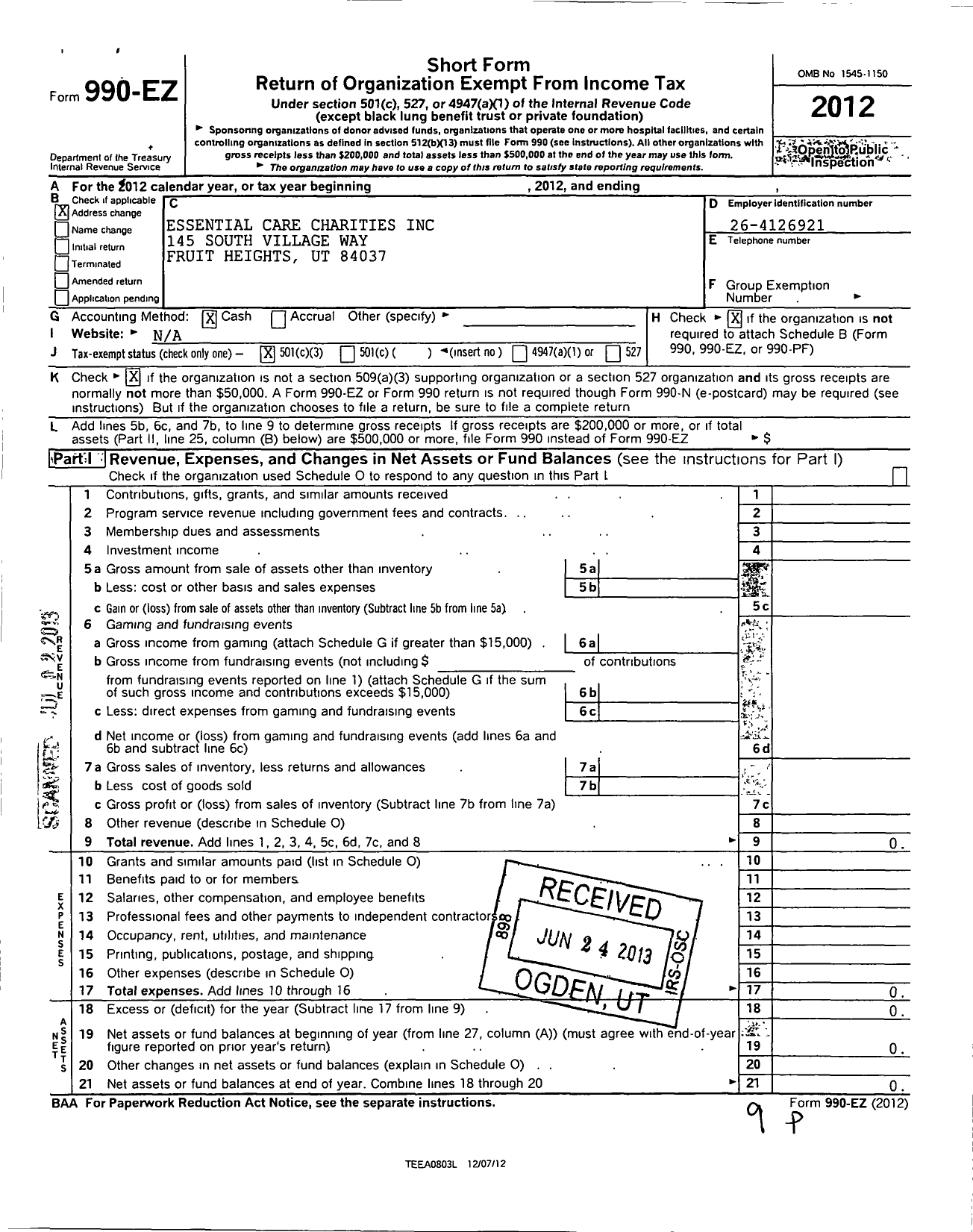 Image of first page of 2012 Form 990EZ for Essential Care Charities