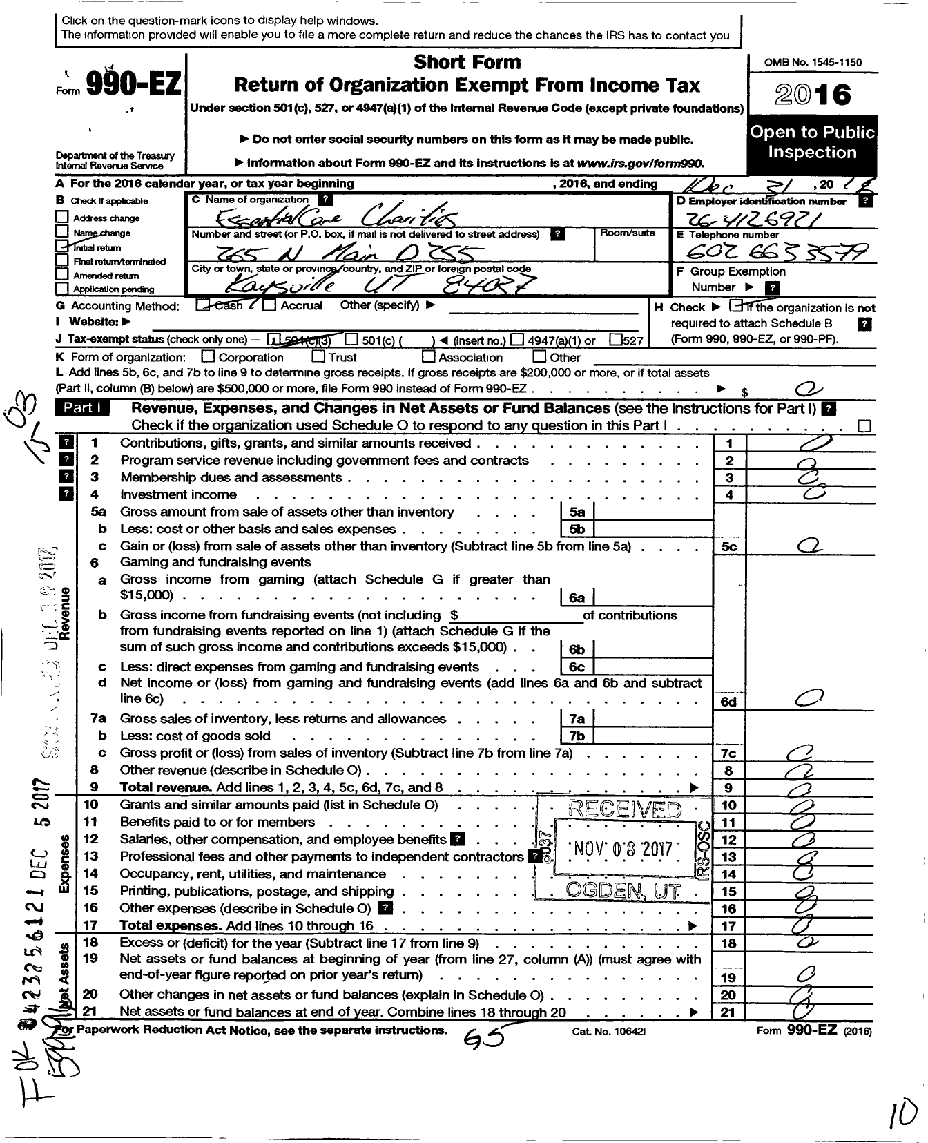 Image of first page of 2016 Form 990EZ for Essential Care Charities