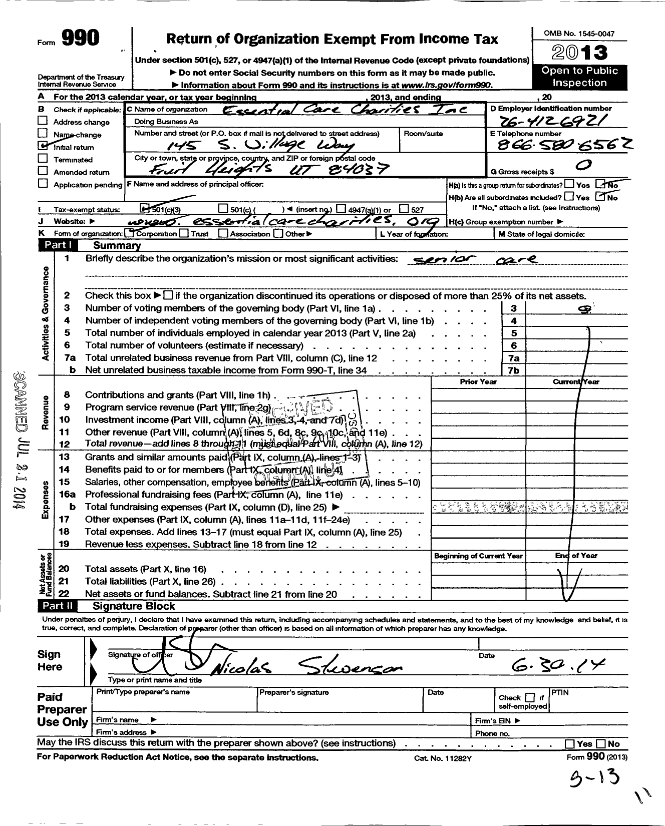 Image of first page of 2013 Form 990 for Essential Care Charities