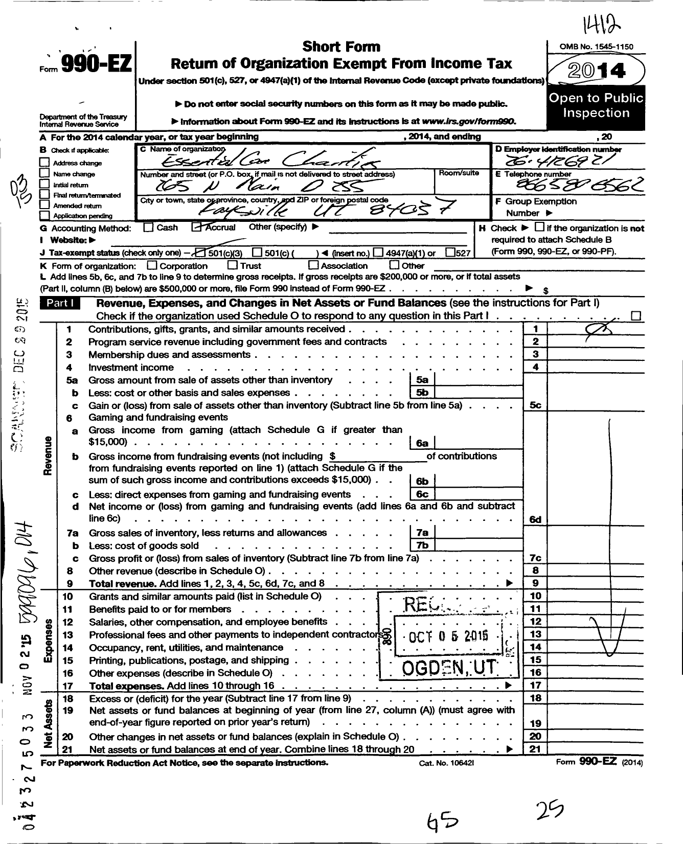 Image of first page of 2014 Form 990EZ for Essential Care Charities