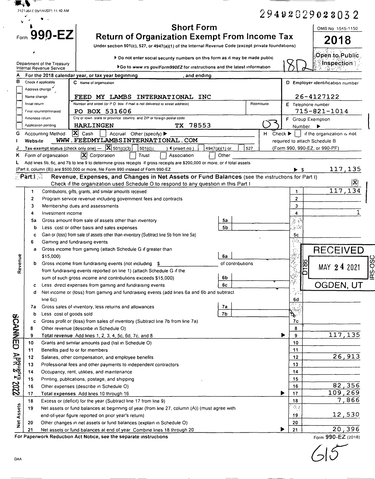 Image of first page of 2018 Form 990EZ for Feed My Lambs International