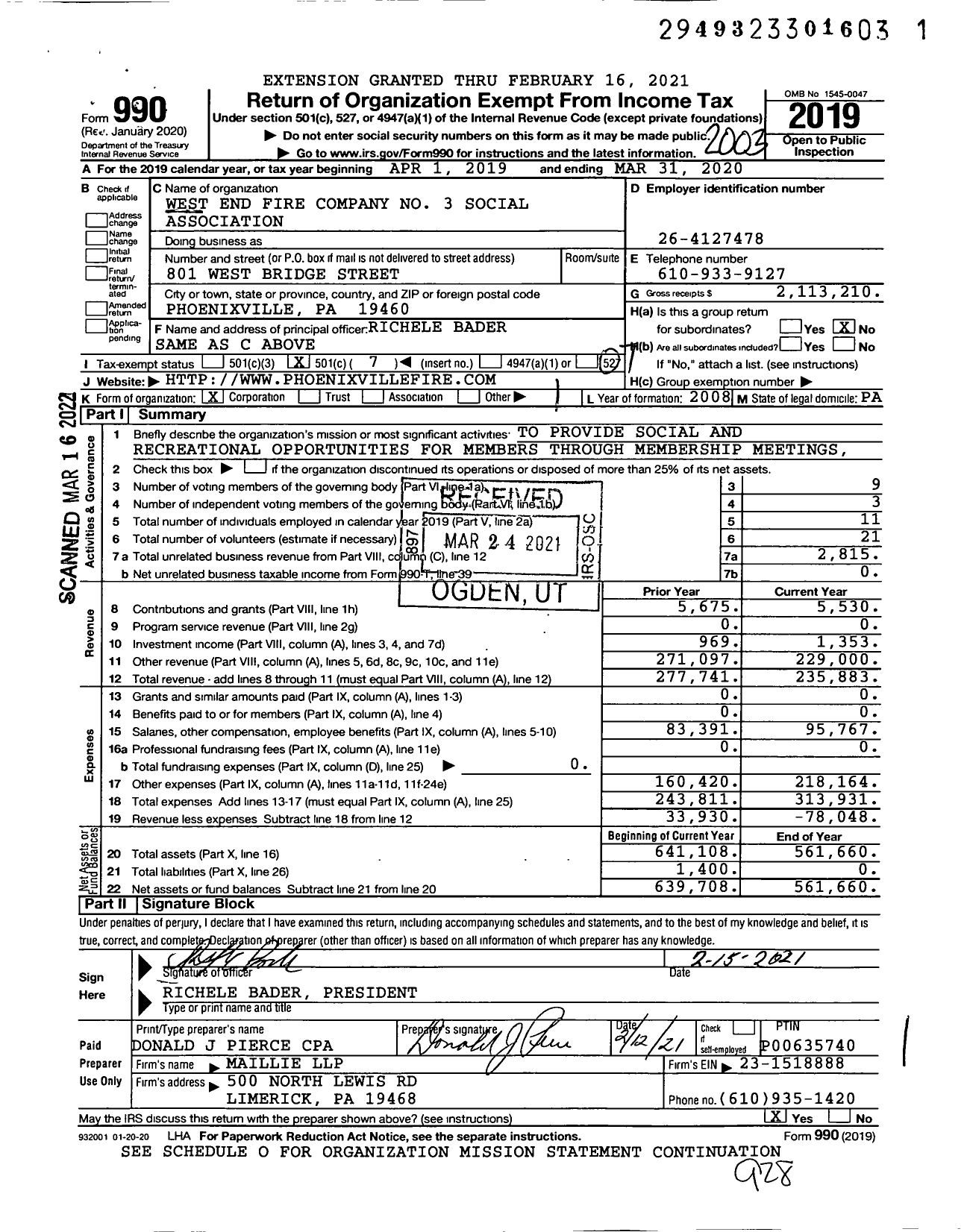 Image of first page of 2019 Form 990O for West End Fire Company No 3 Social Association