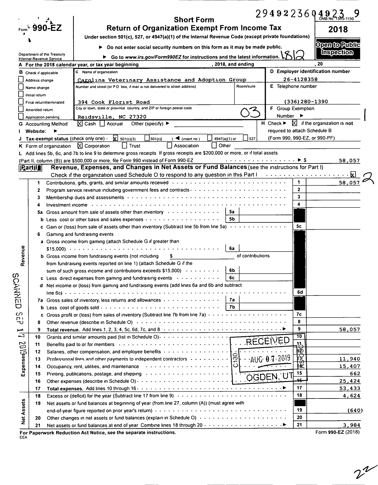 Image of first page of 2018 Form 990EZ for Carolina Veterinary Assistance and Adoption Group