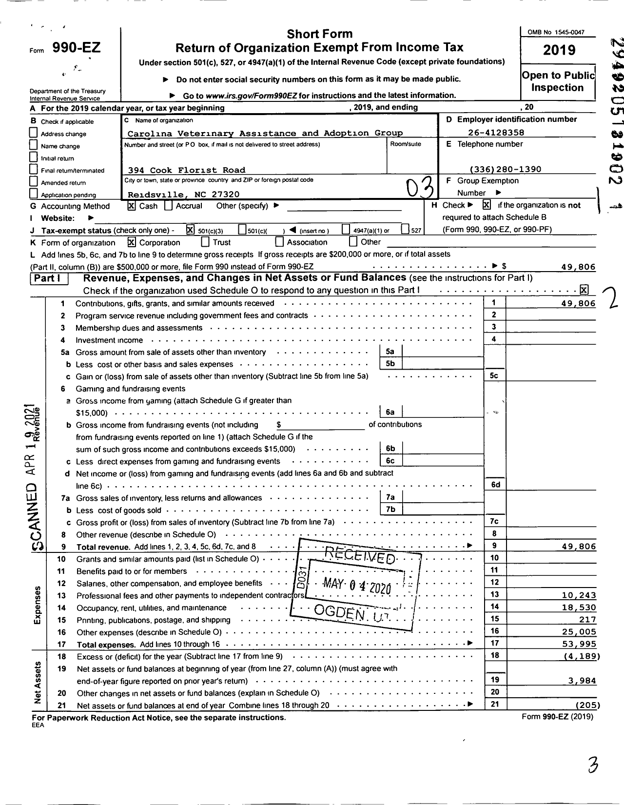 Image of first page of 2019 Form 990EZ for Carolina Veterinary Assistance and Adoption Group