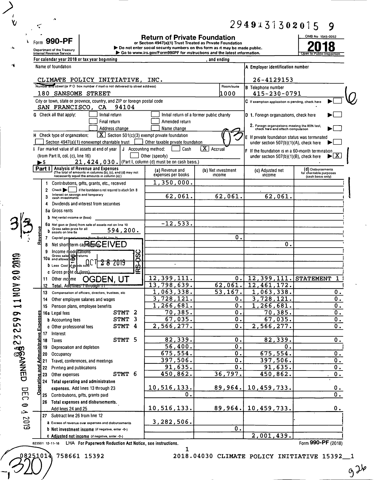 Image of first page of 2018 Form 990PF for Climate Policy Initiative (CPI)