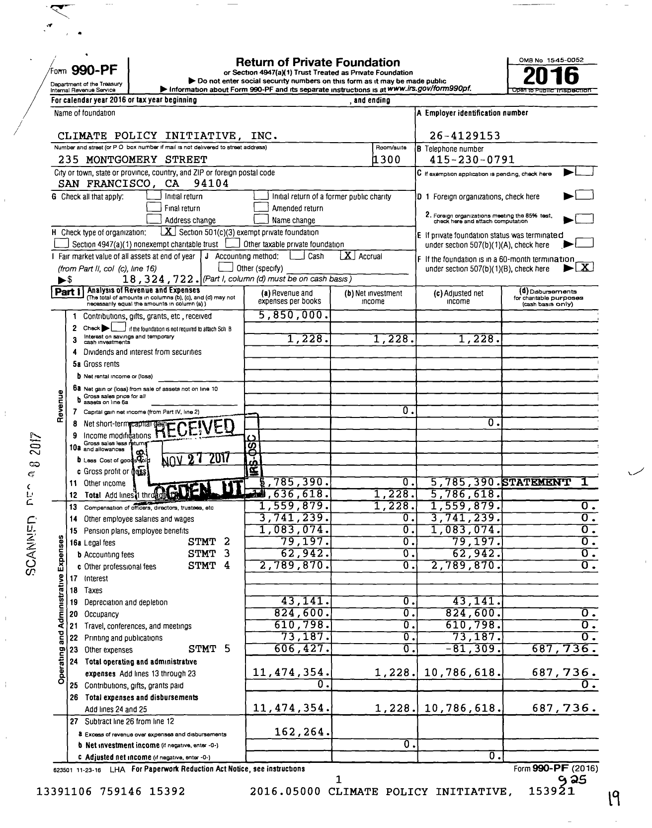 Image of first page of 2016 Form 990PF for Climate Policy Initiative (CPI)