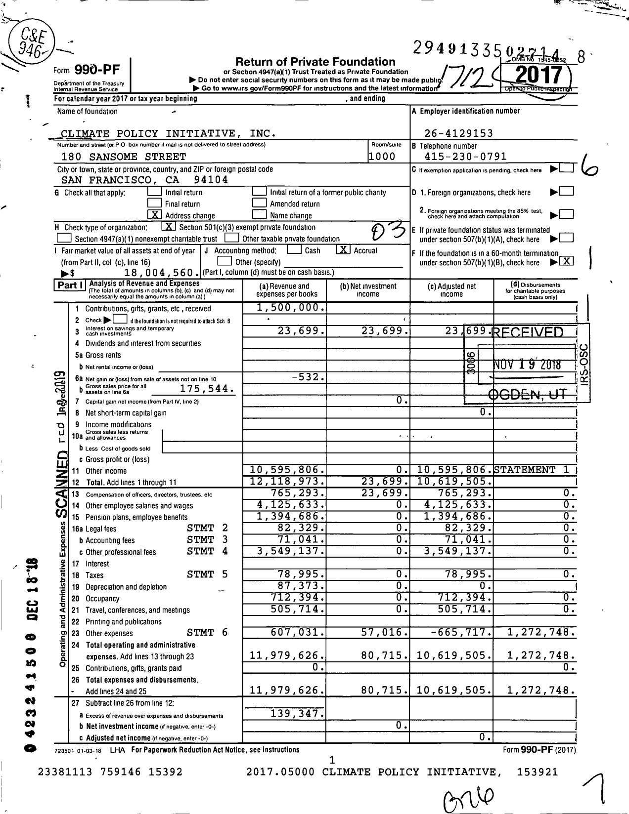 Image of first page of 2017 Form 990PF for Climate Policy Initiative (CPI)