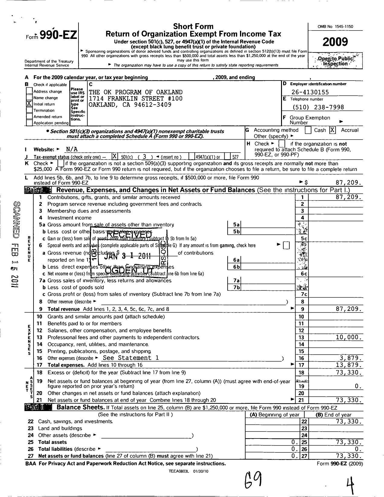 Image of first page of 2009 Form 990EZ for OK Program of Oakland