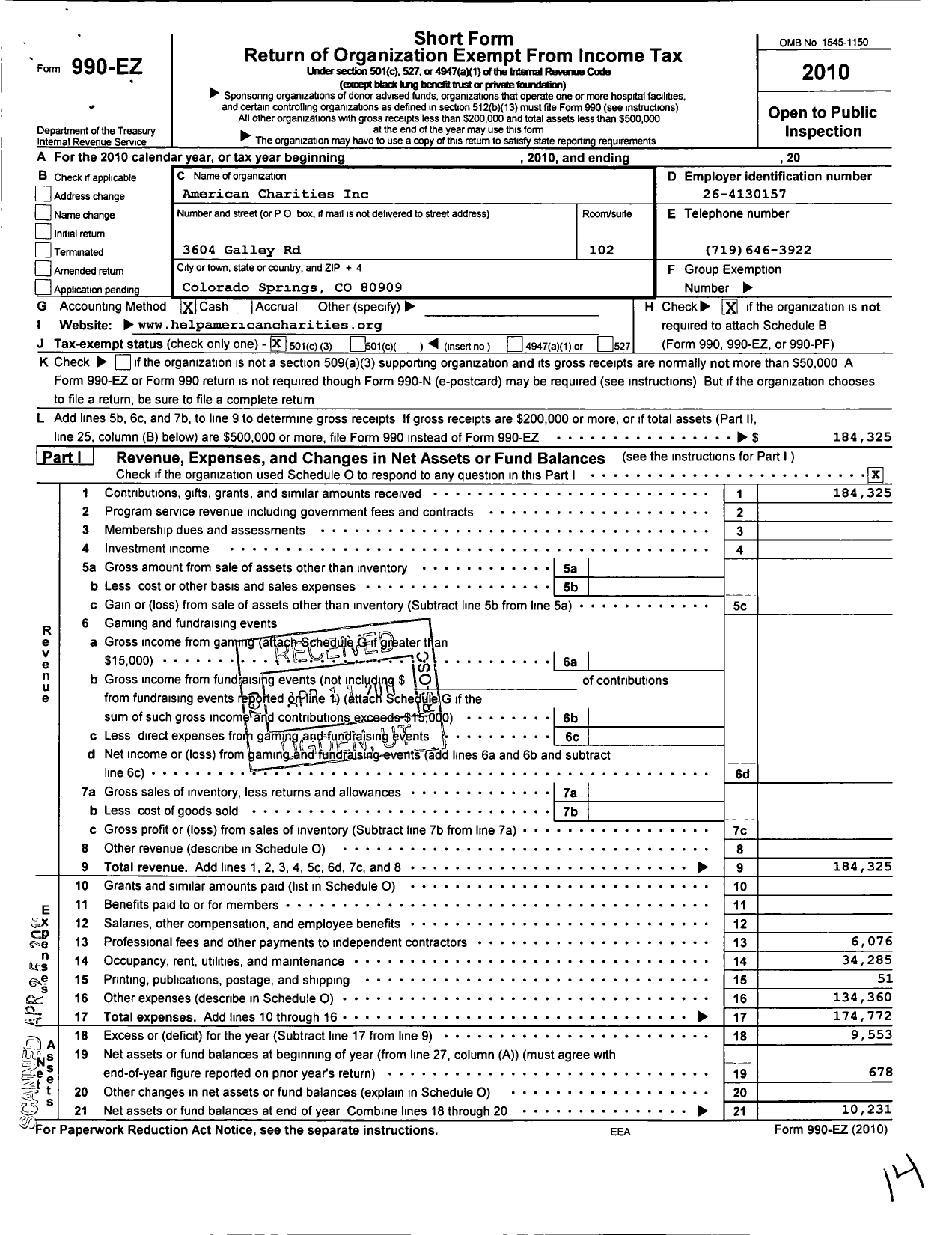 Image of first page of 2010 Form 990EZ for American Charities / Fusion Health Services