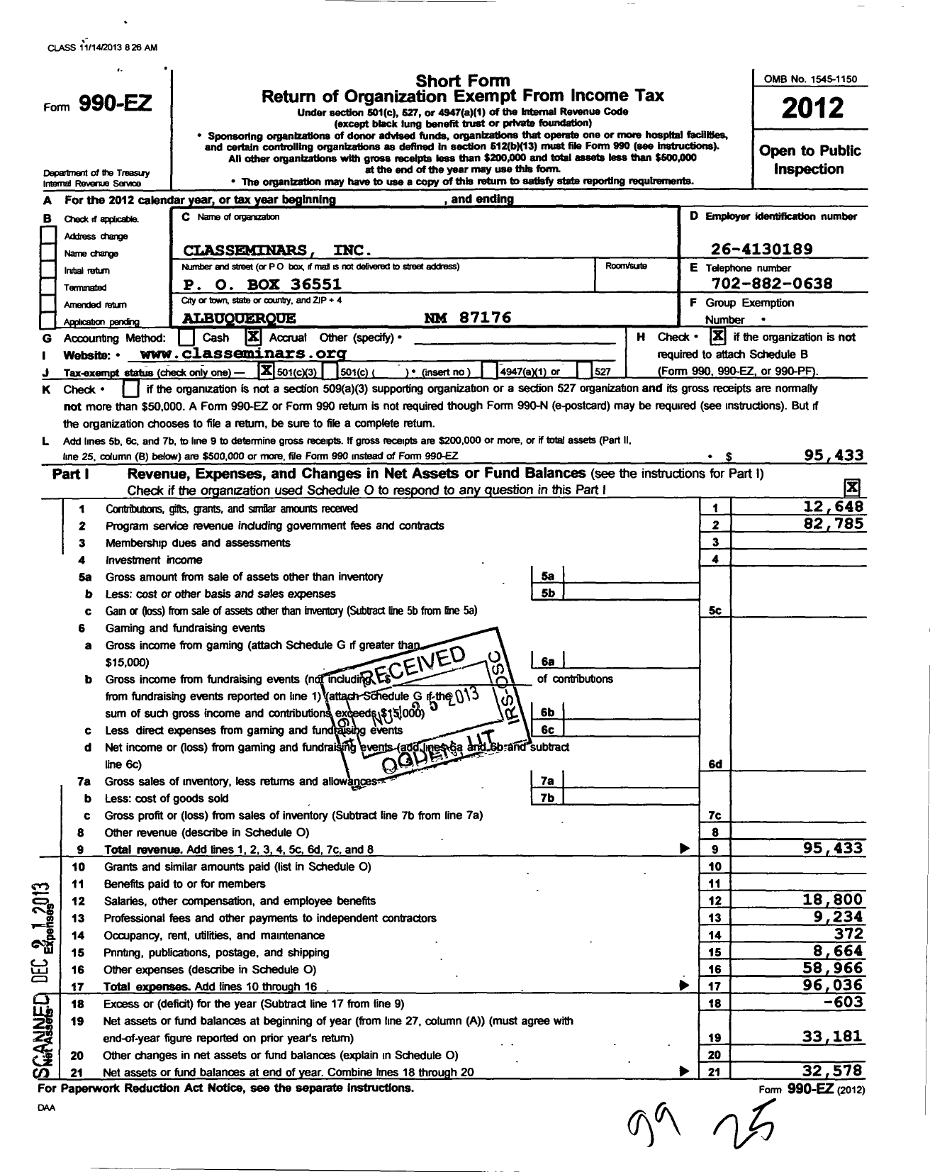 Image of first page of 2012 Form 990EZ for Classeminars