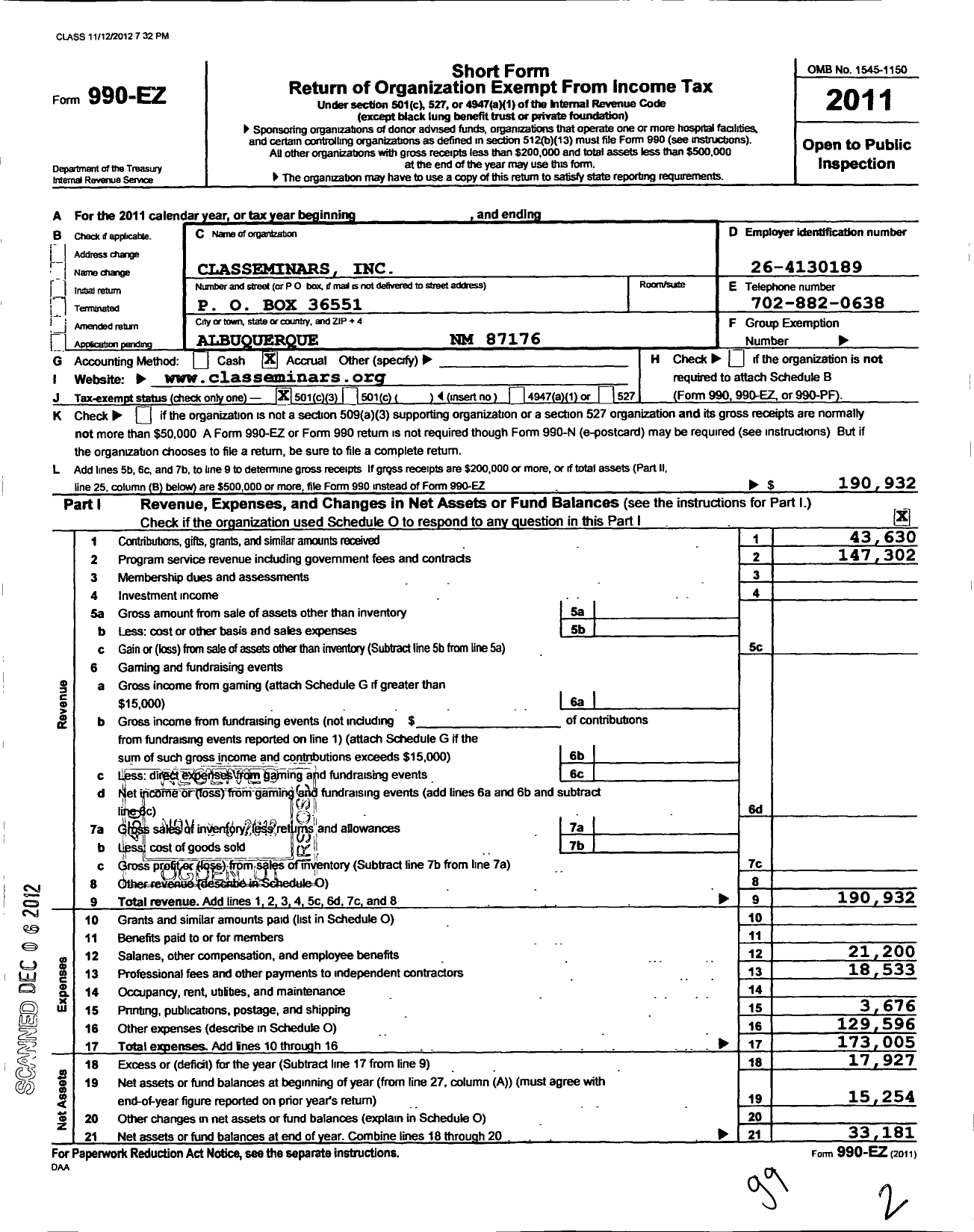 Image of first page of 2011 Form 990EZ for Classeminars