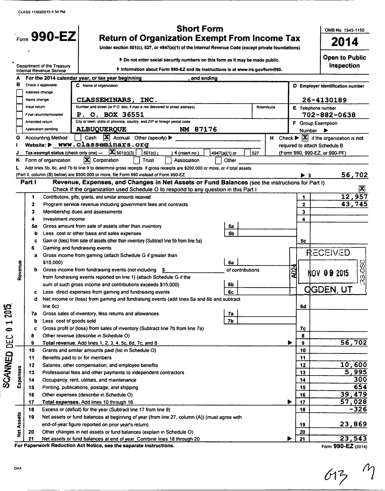 Image of first page of 2014 Form 990EZ for Classeminars