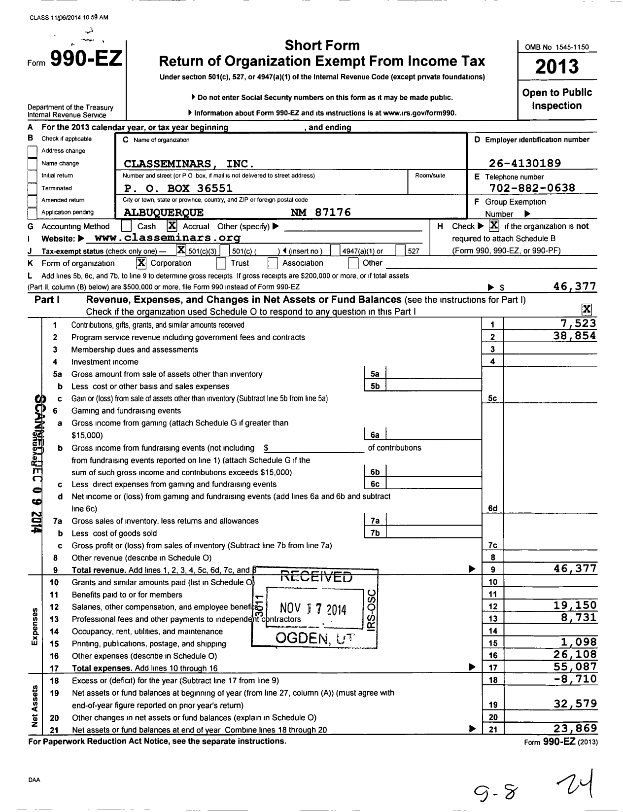 Image of first page of 2013 Form 990EZ for Classeminars