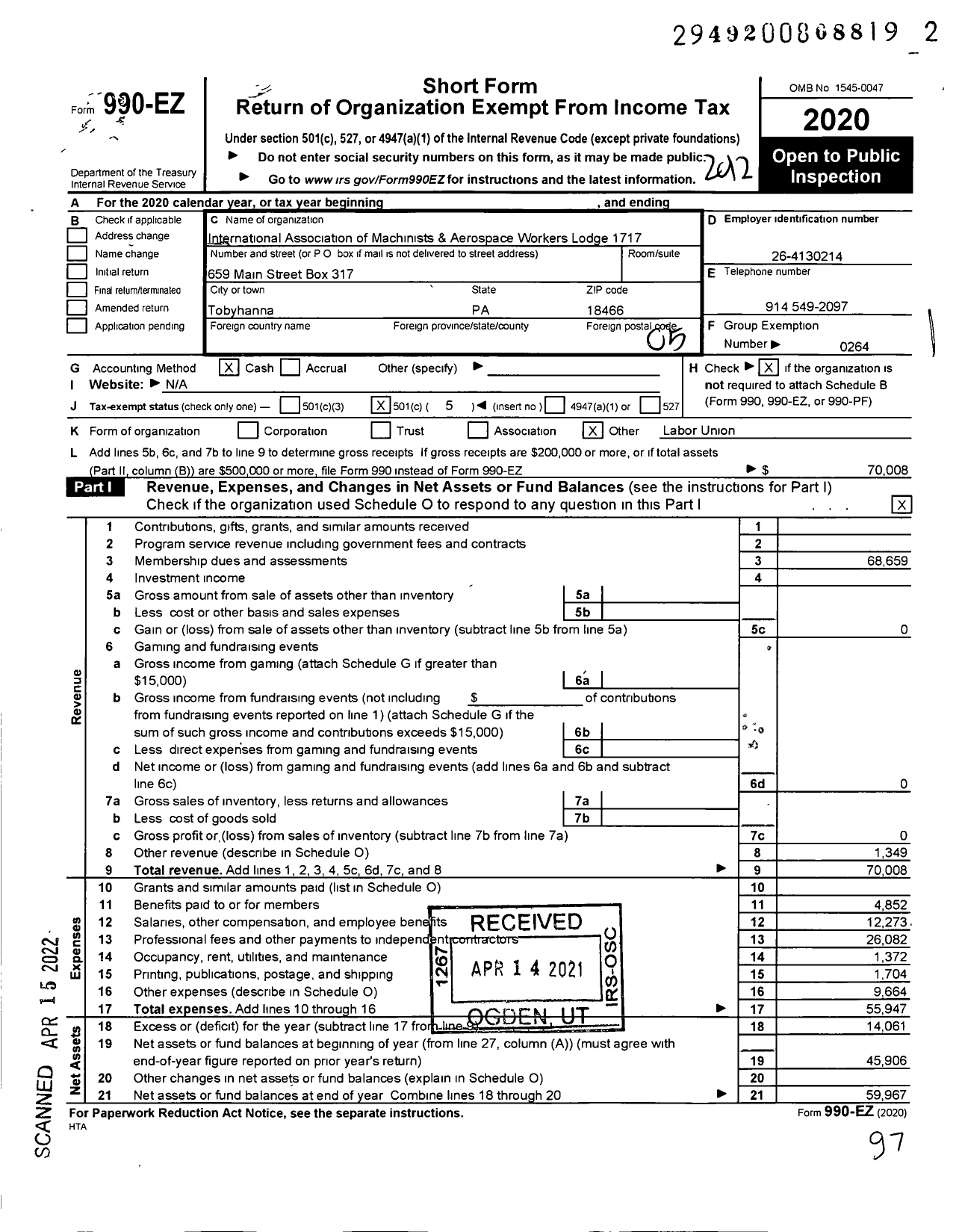 Image of first page of 2020 Form 990EO for International Association of Machinists and Aerospace Workers - 1717 Iamaw Lodge