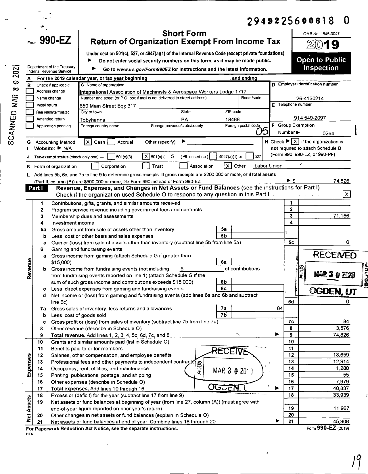 Image of first page of 2019 Form 990EO for International Association of Machinists and Aerospace Workers - 1717 Iamaw Lodge