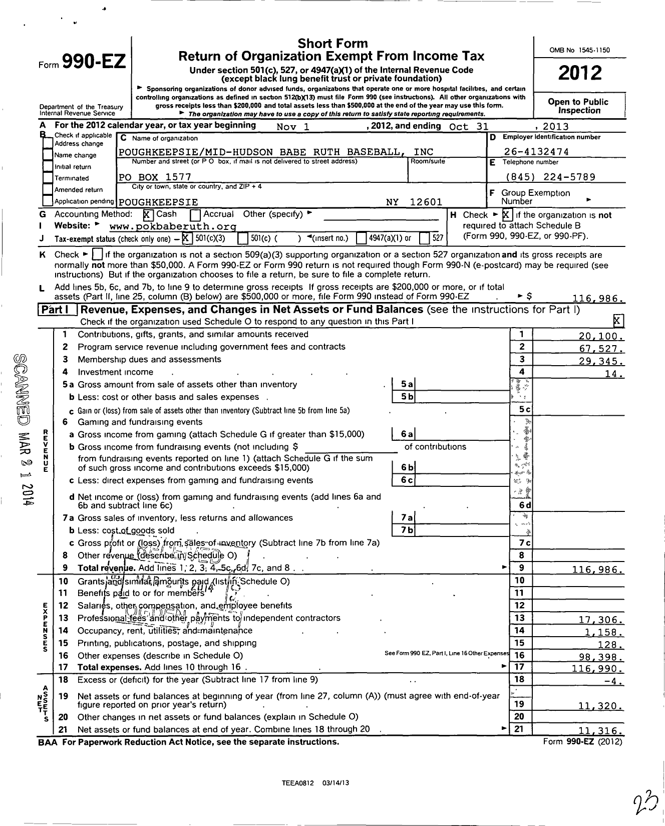 Image of first page of 2012 Form 990EZ for Poughkeepsiemid-Hudson Babe Ruth Baseball