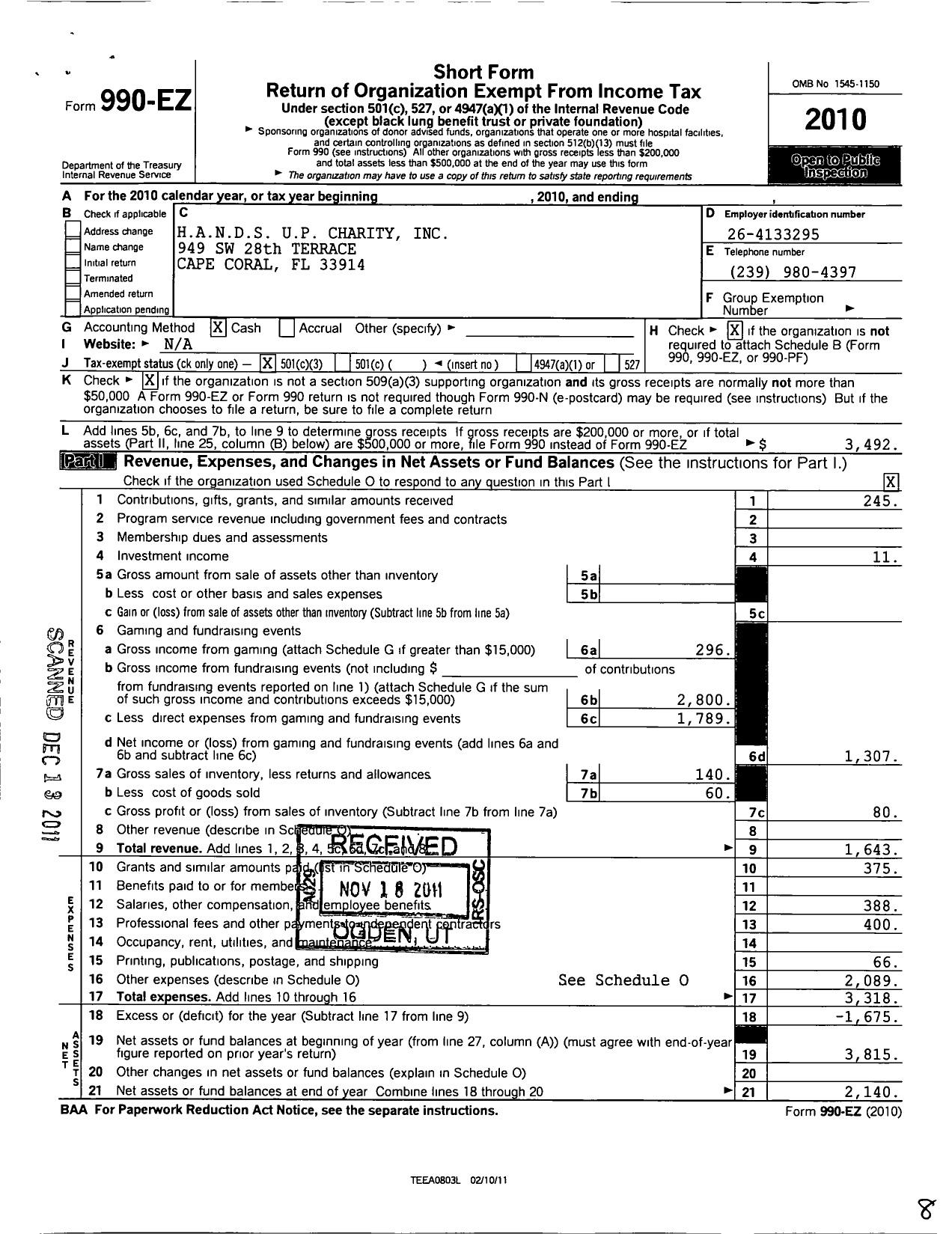 Image of first page of 2010 Form 990EZ for H A N D S U P Charity