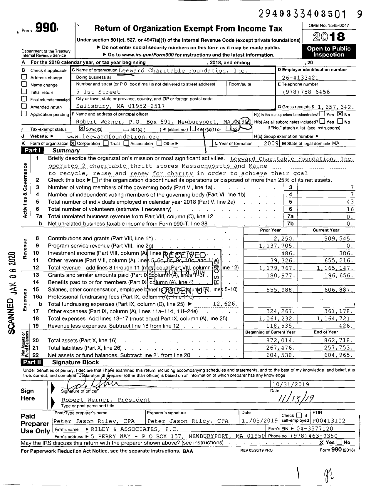 Image of first page of 2018 Form 990 for Leeward Charitable Foundation