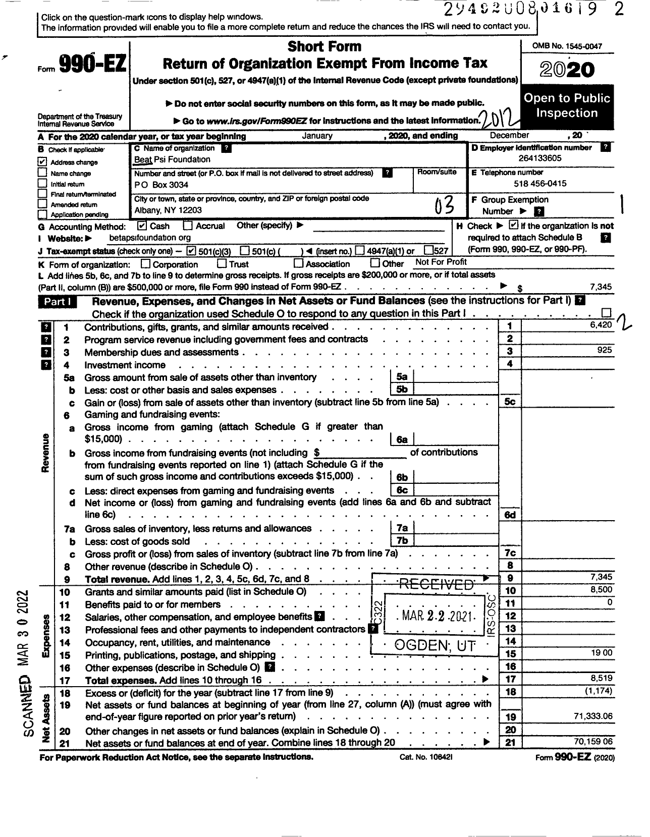 Image of first page of 2020 Form 990EZ for Beta Psi Foundation