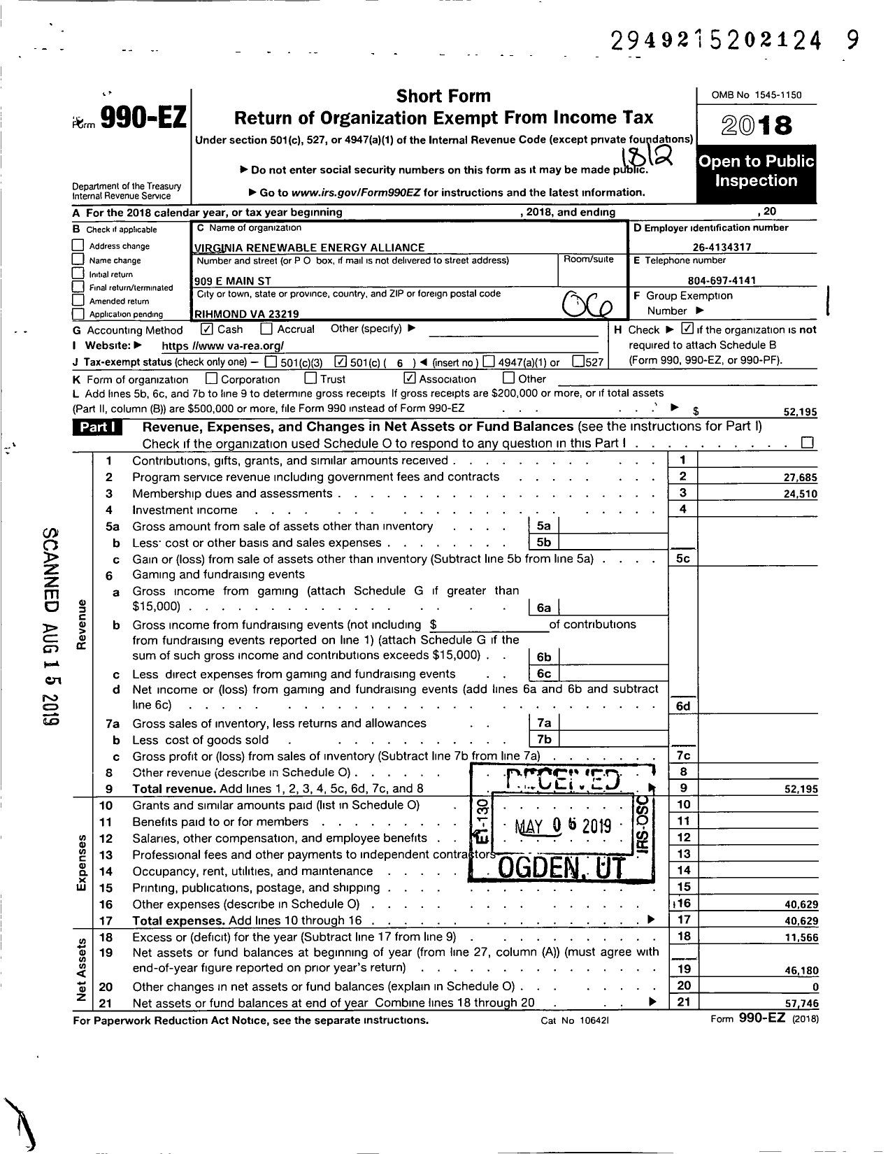 Image of first page of 2018 Form 990EO for Virginia Renewable Energy Alliance