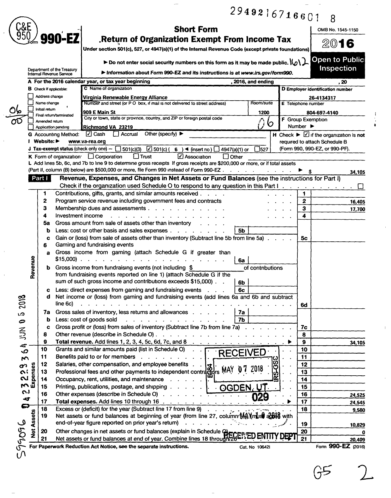 Image of first page of 2016 Form 990EO for Virginia Renewable Energy Alliance