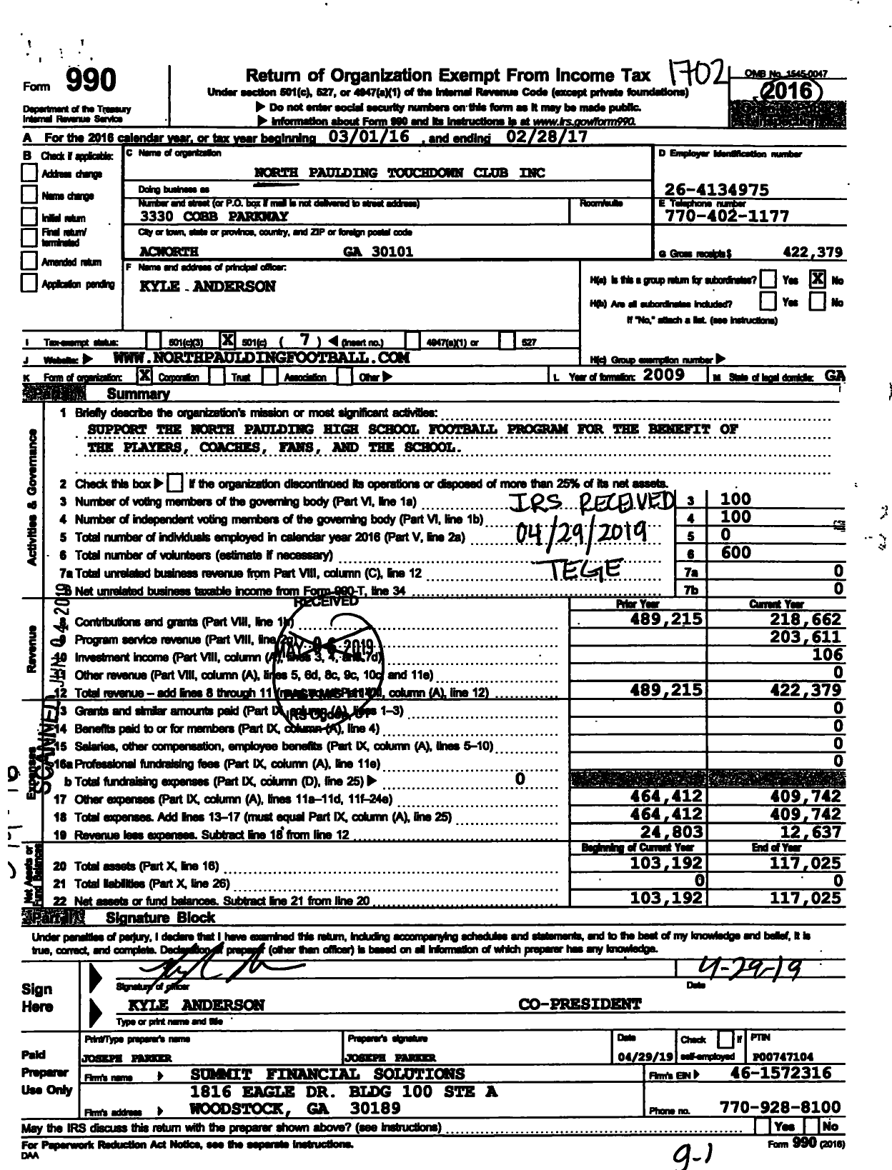 Image of first page of 2016 Form 990O for North Paulding Touchdown Club