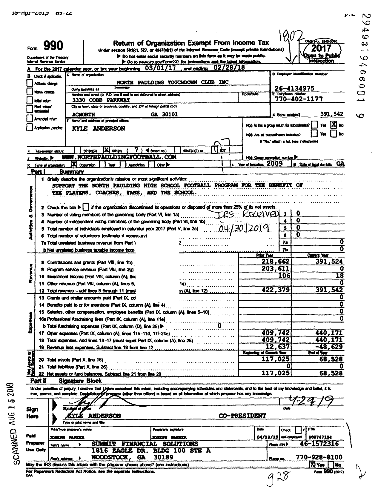 Image of first page of 2017 Form 990O for North Paulding Touchdown Club