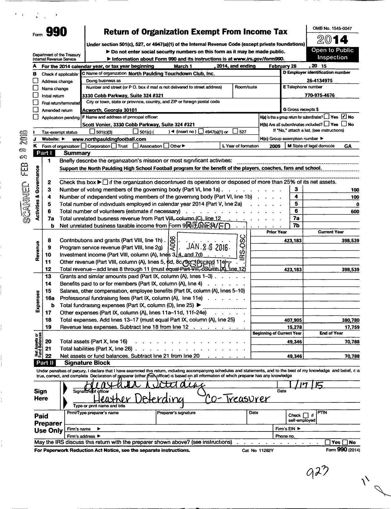 Image of first page of 2014 Form 990O for North Paulding Touchdown Club