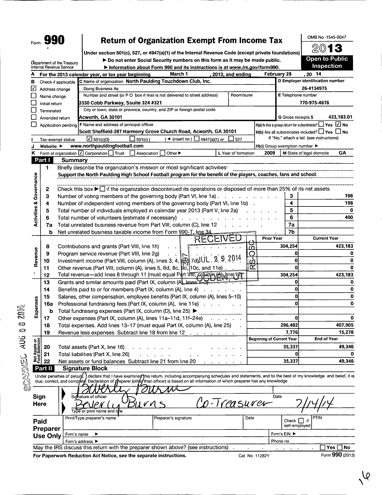 Image of first page of 2013 Form 990 for North Paulding Touchdown Club