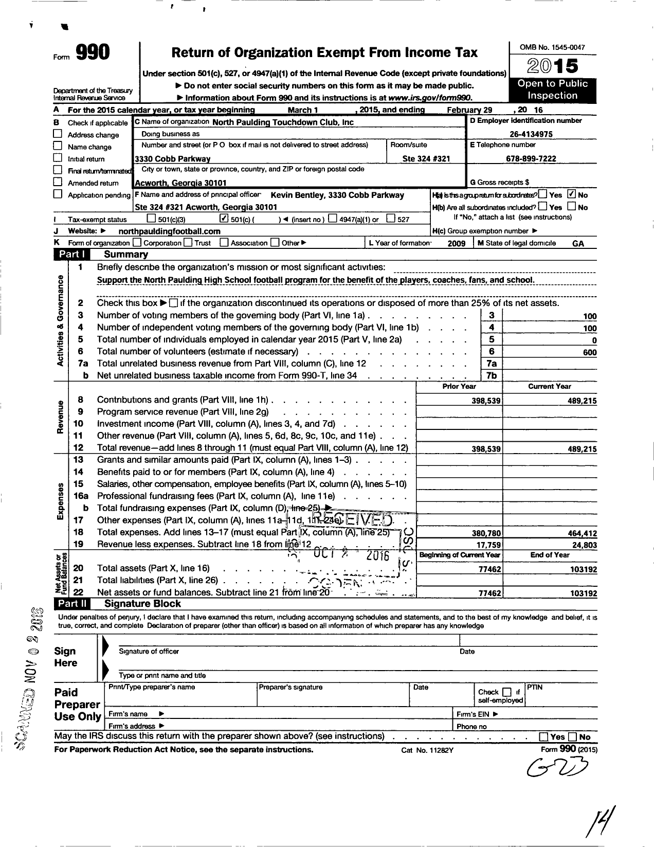 Image of first page of 2015 Form 990O for North Paulding Touchdown Club